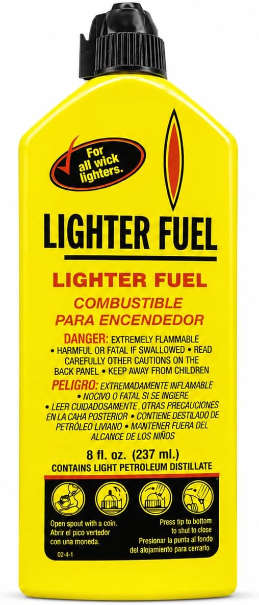 Lighter Fuel 8 fl oz / 237 mL, Black Cap, Fuel for Wick Lighters, Easy Pour Bottle, Compact Lighter Fluid Refill