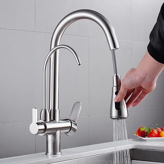 3 Way Kitchen Tap Pull Out Spray Kitchen Sink Mixer with 2 Modes Spray High Arc Gooseneck Kitchen Mixer Taps 3 in 1 Water Filter Tap 360° Rotatable,Brushed Nickel