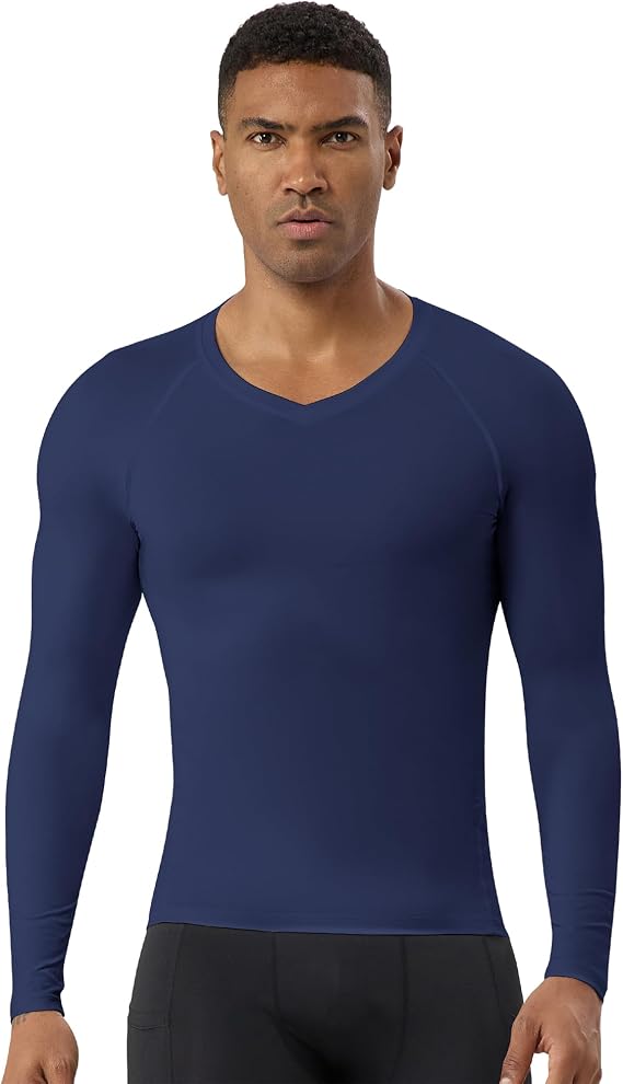 Men's Compression Shirts V-Neck Athletic Long Sleeve Gym Running T-Shirt Workout Base Layer Spandex Undershirts