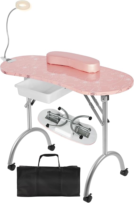 Whalefall Portable Manicure Nail Table, Foldable Manicure Table with Drawer, LED Lamp, 4 Lockable Wheels and Carry Bag, Professional Nail Desk with Wrist Cushion (Pink,30" H)