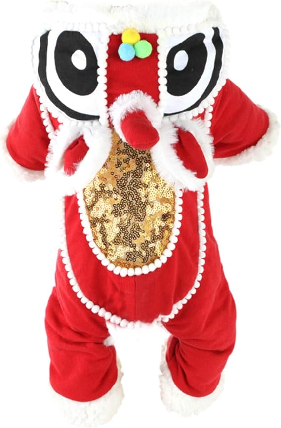 SEIS Lion Dance Dog Four-Legged Costume New Year Pet Clothes Cute Cat Tang Suit Winter Teddy Hoodies for Cats Teddy Bichon Small Medium Dogs (S (Chest Circumference 48cm/ 18.9"))