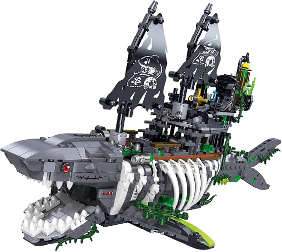 BDYDT Ghost Shark Pirate Ship Mini Building Blocks Set (1155 Pieces) Building Set Model Toys Gifts for Kid and Adult, Interesting Gifts for Pirate Ship Enthusiasts