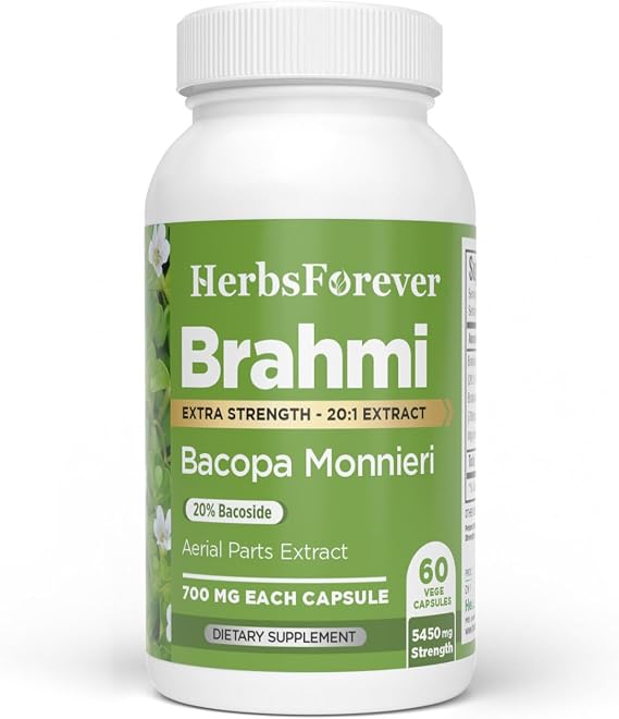 Brahmi(Bacopa)-Extra Strength(20:1) Extract, Equiv. to 5450 mg Leaf Powder Per Serving- Memory Booster, Support Brain Health,Focus & Cognitive Function|Memory Tonic|60 Veg Capsules|800mg