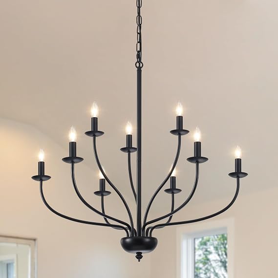 Black Chandelier, 9 Lights Chandeliers Ceiling Light Living Room Industrial Black Light Fitting Ceilings Pendant Light for Kitchen Dining Room Bedroom, E14 Socket