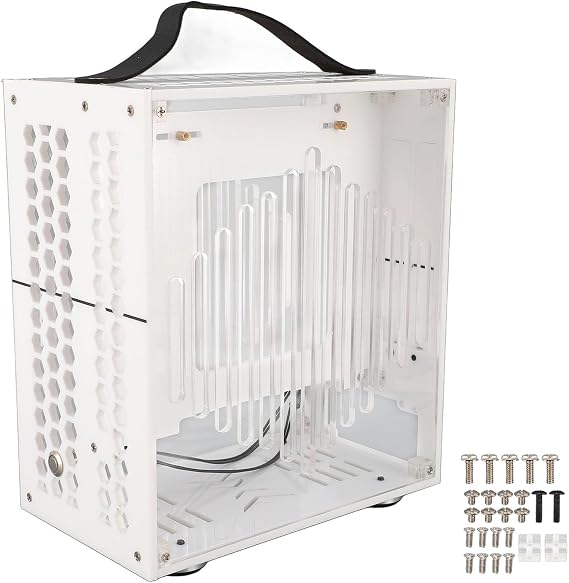 ITX Computer Case, Small Form Factor Tower, Clear Acrylic 360 Open Air Design for Gaming and Business (White)