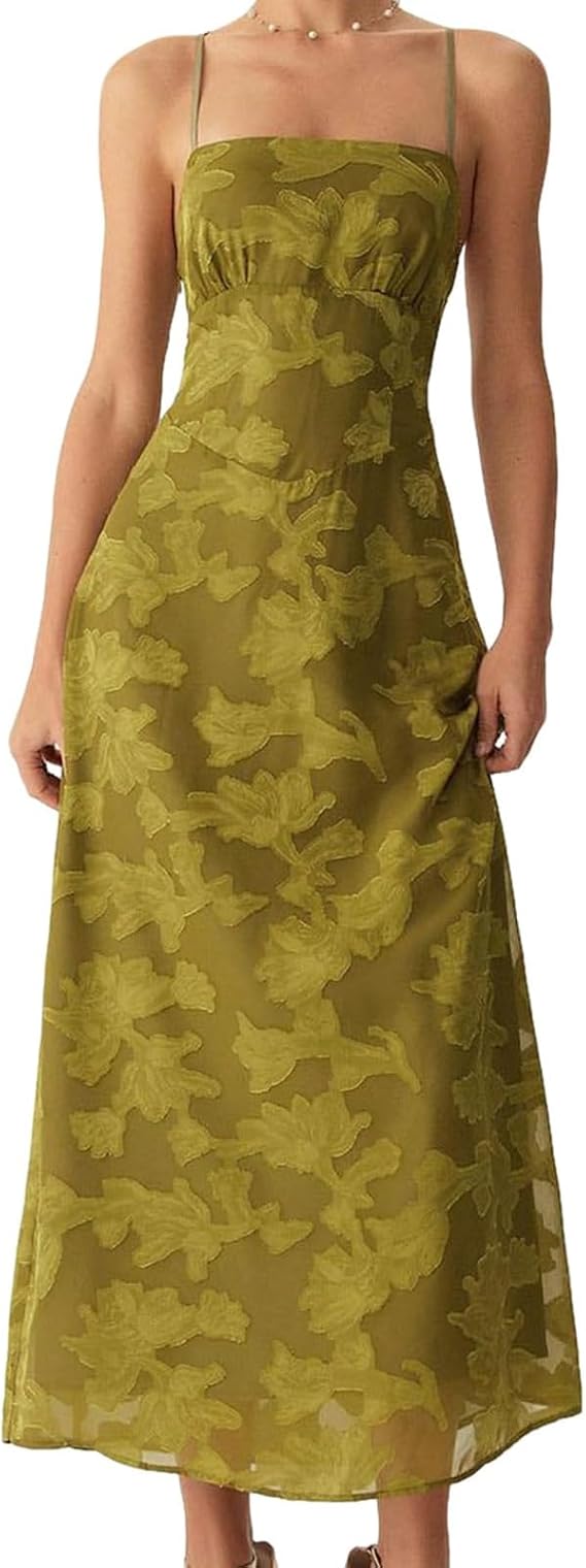 RIHOAS Women's Spaghetti Strap Maxi A-line Formal Tie Back Layered Dresses | Lace up,Zip Up,Square Neck,Cocktail,Garden Party ,Floral wedding guest dresses,Formal Dress,Bridesmaid,Semi Formal Dress