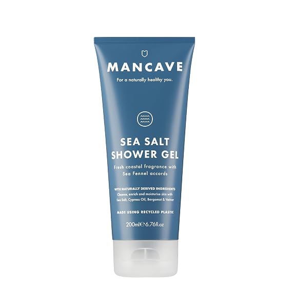 ManCave Sea Salt Shower Gel for Men, Coastal Aroma with Sea Fennel, Cypress and Bergamot, Sulphate and Paraben Free, Natural, Vegan, Cruelty Free, 200 ml | Sea moss and driftwood scent, UK formulated, present idea, aftershave gift for him