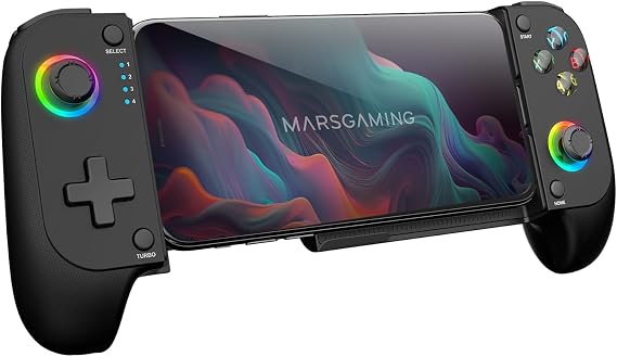 Mars Gaming MGPX: Bluetooth 5.0 2in1 Gamepad, RGB Neon, Dual Vibration, Turbo Function, Smartphone Holder up to 6.8", Controller PC, Android, iOS, and Console Compatibility, USB-C and Case, Black