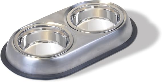 Van Ness Pets Stainless Steel Double Dish Food And Water Bowl For Cats/Small Dogs, 16 OZ, Wide No-Tip Base