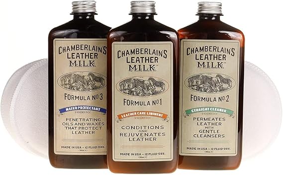 Leather Milk Leather Restoration Kit. Leather Cleaner, Conditioner, and Water Protector - No. 1-3 Leather Care Kit - All Natural, Non-Toxic. 2 Sizes. Made in The USA. Includes 3 Restoration Pads!