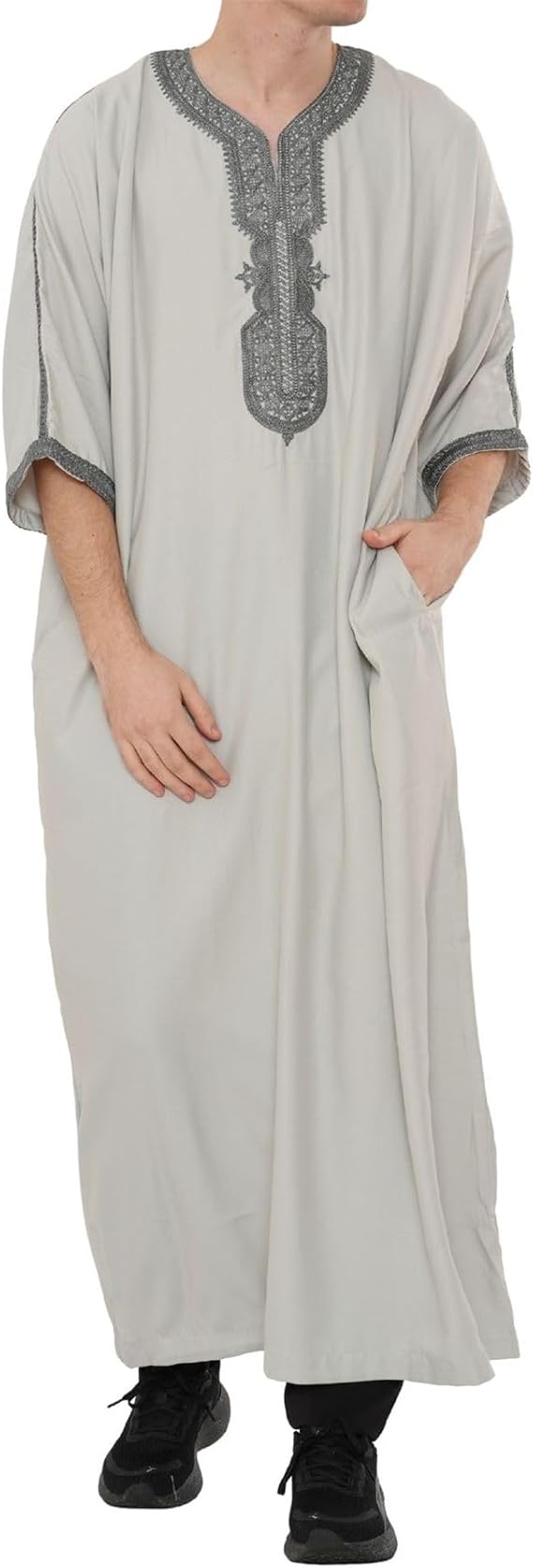 Men's Moroccan Thobe Half Sleeve Gandoura Embroidery Kaftan Eid Ramadan