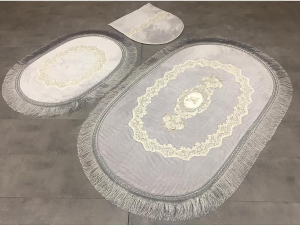 Exclusive Oval Gri Püsküllü 3lü Klozet Takımı Çeyizlik Banyo Halısı Paspası Seti