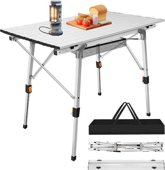 3ft Aluminium Rollup Lightweight Folding Camping Table Adjustable Height Picnic Tables Folding Outdoor Collapsible Table, Portable Foldable Table with Storage for Beach Fishing Garden BBQ (Silver)