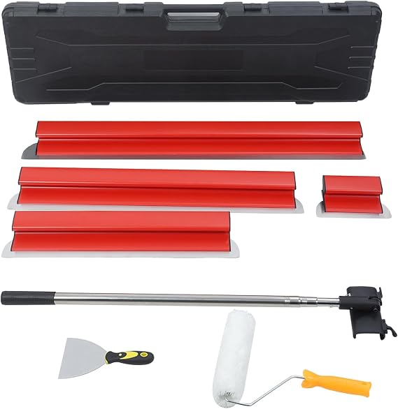 5Pcs Drywall Skimming Blade Set with Portable Case, 0.3 mm Stainless Steel, 8'' 16'' 24'' 32'' & 40'' Skimming Blade with Extension Handle, Drywall Finishing Tools for Sheetrock/Gyprock