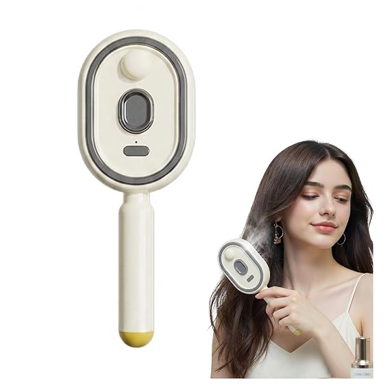 Electric Spray Hair Brush with 10ML Refillable Water Tank, Electric Spray Air Cushion Massage Comb with Red Light Scalp Care, Retractable Detangling Steam Brush for Hair and Frizz Control (Off-white)