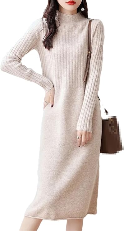 Pohullan Cashmere Dresses Women Wool Knitted Long Style Winter Solid Color Knitted Comfortable Dress