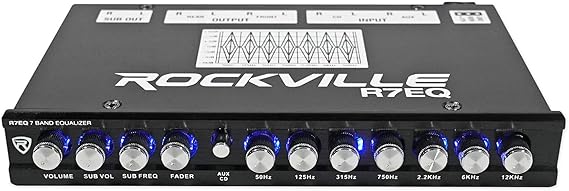 Rockville R7EQ 1/2 Din 7 Band Car Audio Equalizer, Front/Rear/Sub Outputs, Blue LED Knobs, Built-in Line Driver & Crossover, for Car Audio Systems