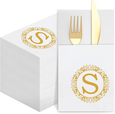 Monogram Disposable Napkins with Pocket, 50 Pack Gold Letter Guest Napkins Initial Disposable Hand Paper Towels for Wedding Bridal Shower Holiday Birthday Party Tableware Decor S