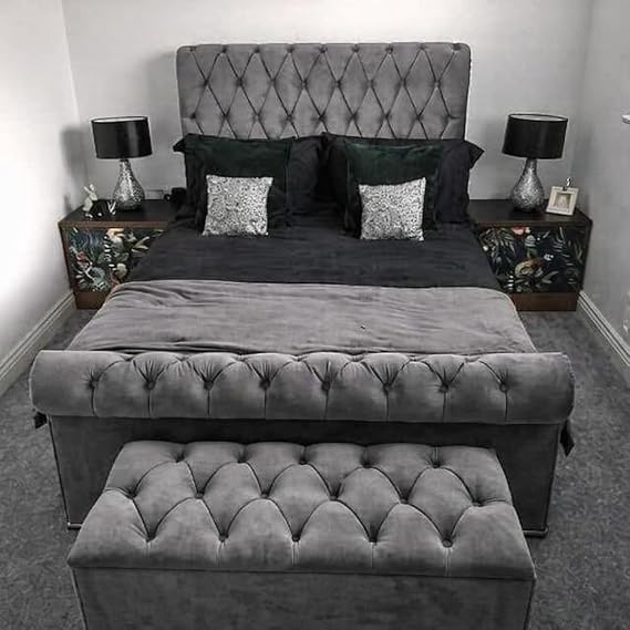 Bespoke Chesterfield Plush Velvet Royal Slaigh Bed - Mattress/Gas Lift Options - UK Made - Double/King/Super King (Steel Plush, Double 4ft6 with Mattress)