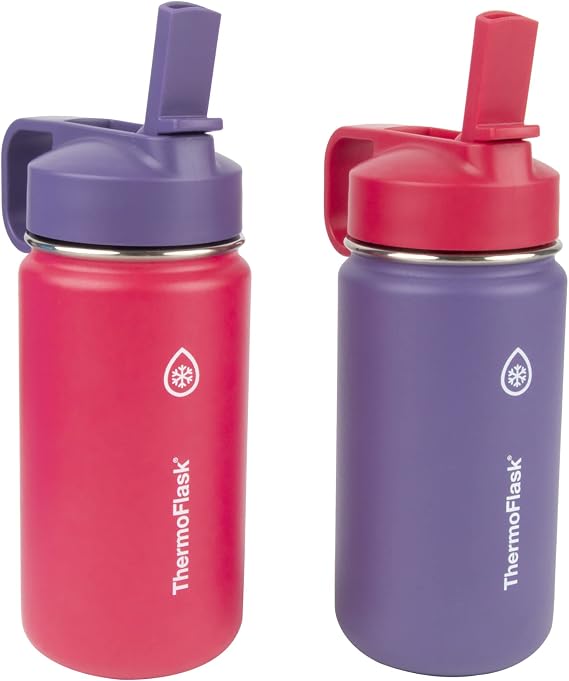 ThermoFlask Kids 14 oz Insulated Water Bottles with Straw Lid BPA-Free Stainless Steel Leakproof & Spill-Proof Design Easy Clean Wide Mouth 2-Pack for School, Sports, Playdates, Punch/Eggplant