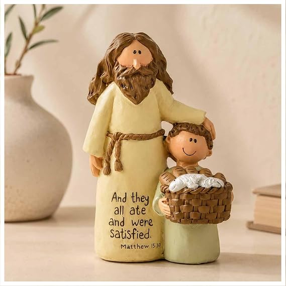 MeritMode Jesus And Boy Figurine, Matthew 15:37 Christian Gift | Hand-Painted Resin, 4.13 Inch Tall, Basket Detail, Shelf, Desk, Church Room, Prayer Corner, Family Display