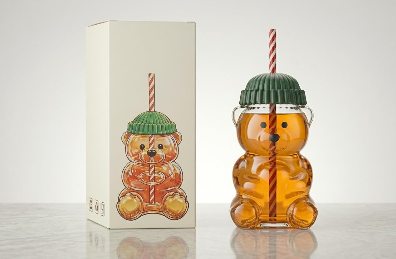 Özel Tasarım Ayıcık Figürlü Cam Matara ve Pipetli Bardak | Çocuklar İçin Sevimli Su ve Meyve Suyu Şişesi, 18 cm x 10 cm, Bere Şapka Kapaklı
