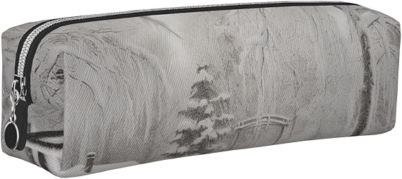 Winter on Snowy Printed Leather Pencil Case with Silver Zipper - Simple and Lightweight Organizer for School, Office, Travel, Makeup