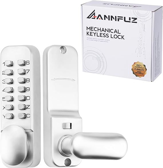 Full Mechanical Keyless Entry Door Handle Lock with Keypad,Single-Sided Push Button Combination Code Lever Lock,Auto Locking,Interior Hold-Opening,for Front Gate,No Battery(Pearl Chrome)