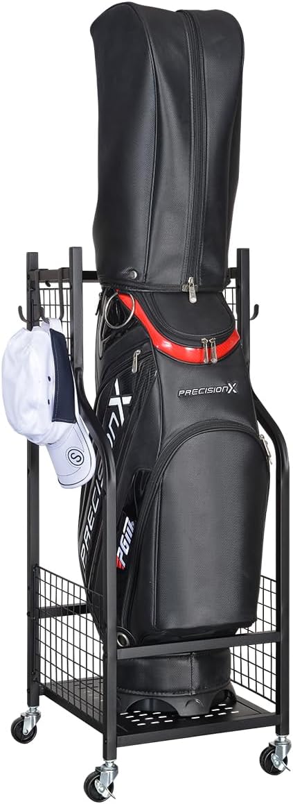 SNAIL Golf Bag Garage Storage Organizer Extra Large Size Golf Bag Rack Stand Holder Fits 2 Golf Bags and Other Golfing Equipment Accessories, Metal Black Golf Club Storage for Garage Shed and Basement