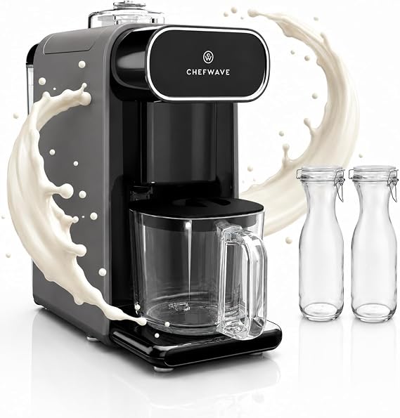 ChefWave Milkmade Soy Milk Maker (Silver/Black) Bundle | Glass Carafes 2-Pack 3 Items