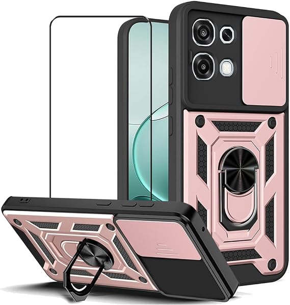 Case for Oppo A6 Pro 5G with Tempered Glass Screen Protector,Sliding Camera Window, Kickstand, Shock-Proof Anti-Scratch Dual-Layer Phone Cover, Rose Gold