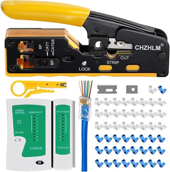Rj45 Crimp Tool Pass Through Ethernet Crimping Kit for 8P-Cat7 Cat6 Cat5 6P Telephone Connector Network Crimping With Cable Tester Covers Connectors Mini Yellow Stripper