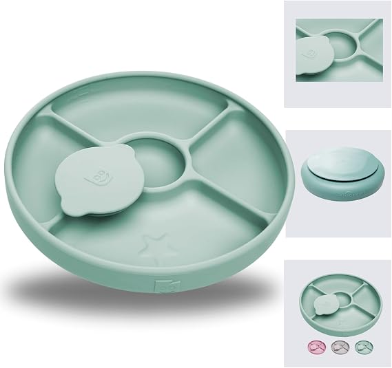 TalkTools Bitsy Silicone Baby Suction Plate with Locking Lid Divided Plate for Toddlers Learning to Self-Feed Non-Slip, BPA-Free, Microwave + Dishwasher Safe Baby Mealtime Plate (Sage)
