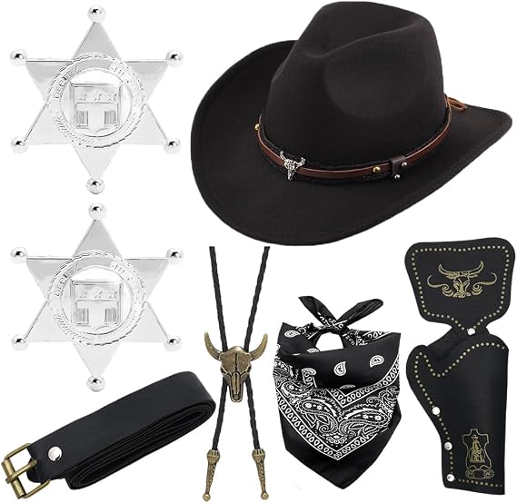 Cowboy Costume, 7PCS Western Cowboy Fancy Dress Accessories Set with Hat Bandanna Holster Belt Necklace Badge Classic Western Cowboys Hat Cowboys Cosplay Costume for Adult Carnival Halloween