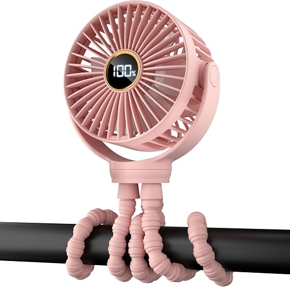 Portable Stroller Mini Fan, Small Rechargeable Personal Fan, Travel Essentials for Baby, Wagon, Car Seat, Treadmill, Battery Powered Biking Gear Accessories, 360 Rotation, 3-Speed, Display, Pink