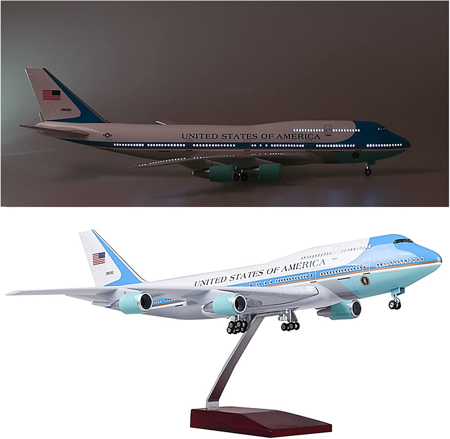 1:150 Scale Large Model Airplane Air Force One Boeing 747 Airplane Model Diecast Aircraft American Plane Model Jet Aircraft LED Light Gear and Wooden Stand Model Kit Upgrade