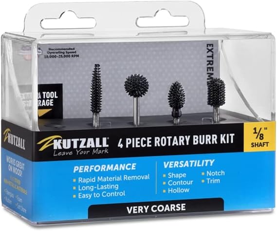 Kutzall 4-Piece Rotary Burr Kit - 18" Shaft, Very Coarse - Wood Carving Bits for Dremel, Foredom, Ryobi, DeWalt, Milwaukee Tools - Structured Tungsten Carbide