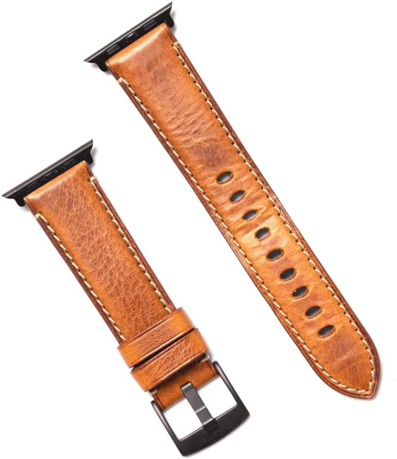 Bullstrap Men's Full-Grain Italian Leather Watch Band Compatible with Apple Watch Series 1-8, ULTRA45-44-42mm, Sienna Edition with Black Hardware