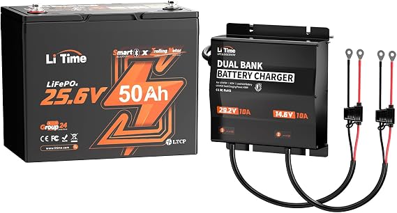 LiTime 24V 50Ah Lithium Battery with 12V/24V 10A Waterproof Charger