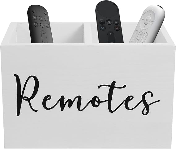 Remote Control Holder, Divided TV Remote Control Storage Box with 2 Compartments, Wooden Table Organiser Storage Caddy for Office Living Room School Desktop(white)