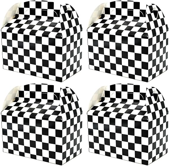 12 Pcs Racing Party Box Checkered Treat Box Handle 15x9x9 cm Cardboard