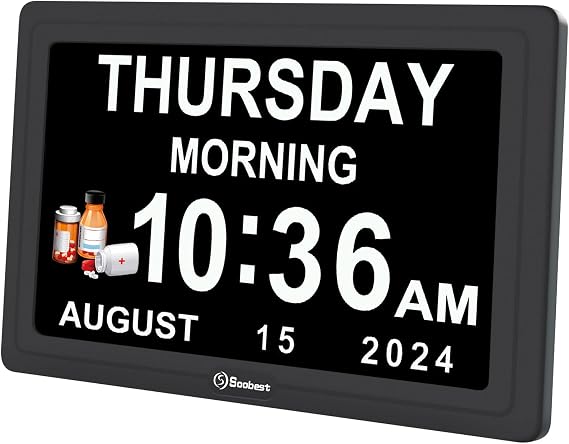 Soobest Dementia Digital Clock for Seniors Elderly, Electric 1024 * 600P HD | 20 Alarm Reminders 3 Ringtones for Memory Loss Alzheimers, Time Date Day Large Display Calendar Clock, Auto DST