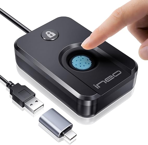 ineo USB 指紋リーダー Windows 10/11、Windows Hello、ワンタッチログイン&スクリーンロック、プラグアンドプレイ、パスワードフリー、5フィートケーブル
