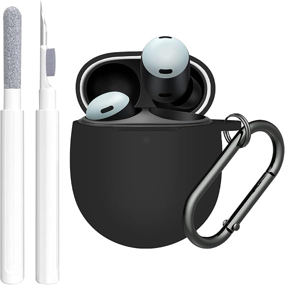 Compatible with Google Pixel Buds 2A Case Cover, Soft Silicone Shockproof Protective Skin Case for Google Pixel Buds 2A 2025 with Cleaner Kit & Carabiner Black