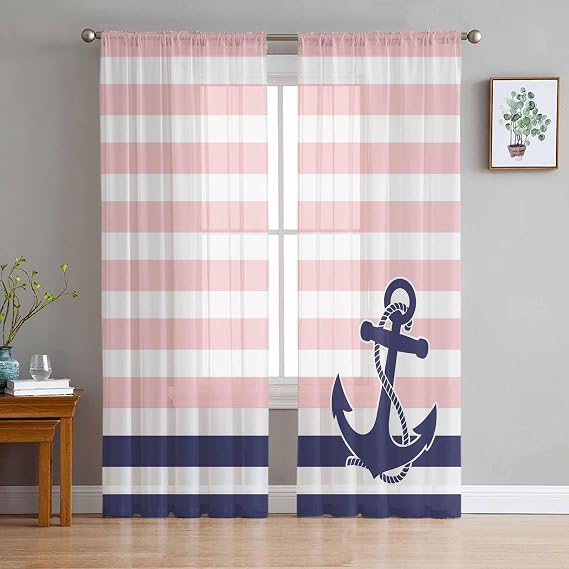 Sheer Curtains 84 Inches Long, Anchor Pink Light Filtering Window Curtains for Living Room/Bedroom, Modern Navy Blue White Striped Nautical Rod Pocket Voile Sheer Curtain Drapes, 52"W x 84"L, 2 Panels