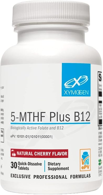 XYMOGEN 5-MTHF Plus B12, Cherry Flavor, 30 Quick-Dissolve Tablets