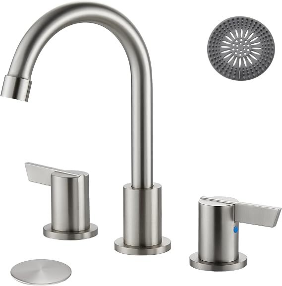 Bathroom Sink Faucet 3 Hole, 8 Inch Widespread, Brushed Nickel | Lead-Free SUS304 Stainless Steel 8-Inch Widespread Bathroom Faucet with Pop-Up Drain & Supply Lines