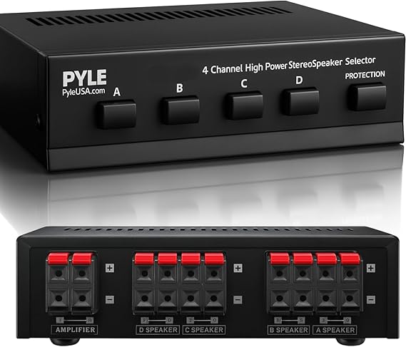Pyle 4-Channel High Power Stereo Speaker Selector - A/B/C/D | For Multi-Channel High-Power Amp Installations - Supports up to 4 Pairs of Switched Speakers - PSS4