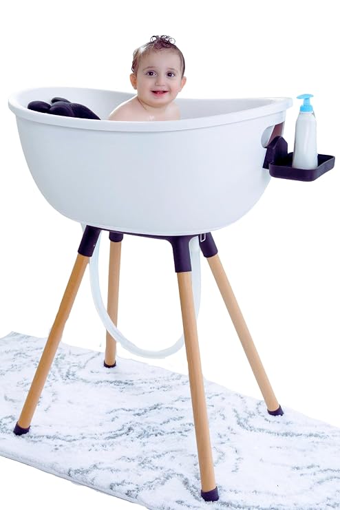 Luxury Baby Bathtub with Wooden Stand 3-Stage Convertible, Ergonomic & Back-Saving Design