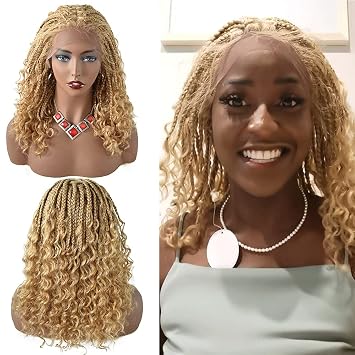 Box Braided Wigs For Black Women Knotless Cornrow Braided Wigs For Black Women Briaded Lace Front Wigs Twist Synthetic Light Weight Braiding Wig For Black Women Baby Hair (#27/613M-#Beige)